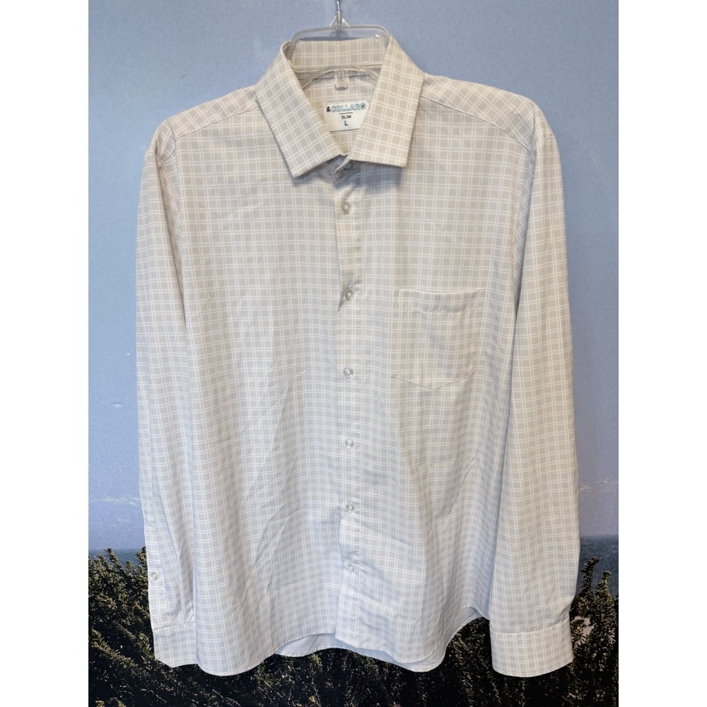&collar Button Up White L/S Slim Fit Stretch Shirt Men's Size L